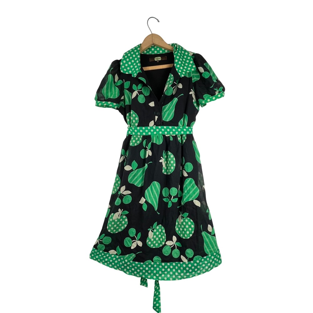 Eva Franco Fruit Print Cotton Silk Fit Flare Dress 8 Retro Rockabilly Pinup Mod